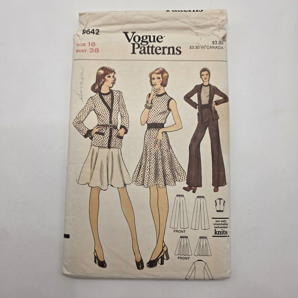 Vogue 8642 Sewing Pattern 70s Cardigan Top Skirt Wide Leg Pants Knit Size 16